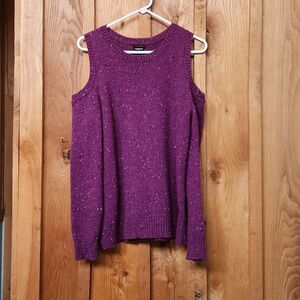 Ann Taylor Factory Wool Cold Shoulder Crewneck Multi Knit Sweater, Large, Purple
